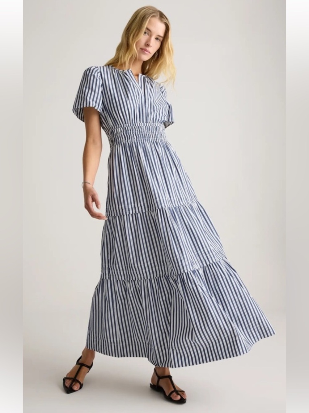 QUINCE 100% Organic Cotton Poplin Tiered Maxi Dress In Hudson Stripe Pockets